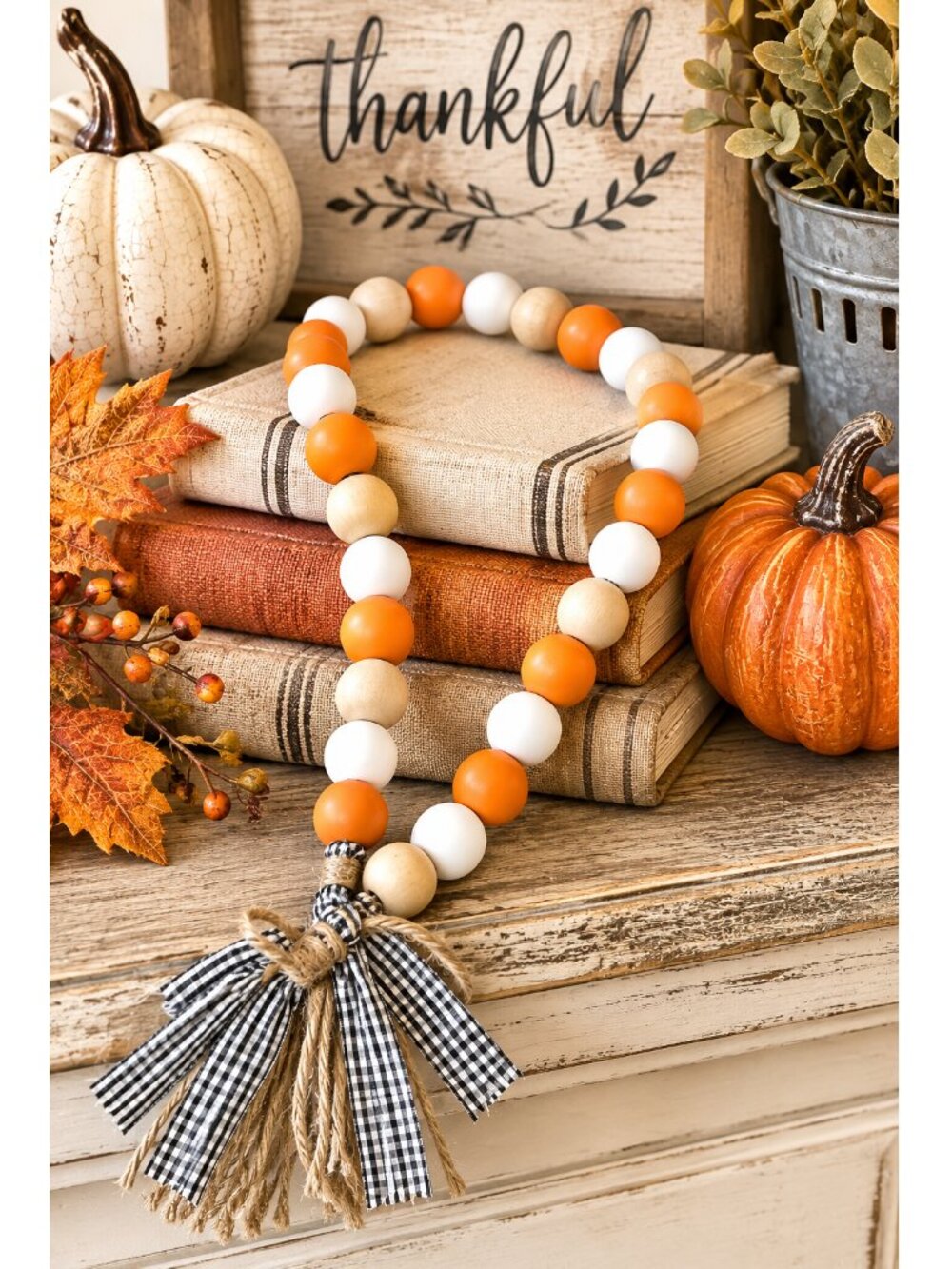 Fall Farmhouse Blessing Beads Orange Wood Bead Garland Gingham Tassel Home Décor